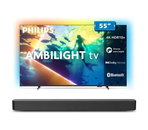 Combo PHILIPS Smart TV 55″ 4K Ambilight – HDR10+/Dolby Atmos, Google TV, Comando de Voz, VRR/ALLM, Wi-Fi, Bluetooth – 55PUG8100/78 + Soundbar TAB4000 Aparelho de Áudio para TV com Bluetooth, HDMI ARC e USB