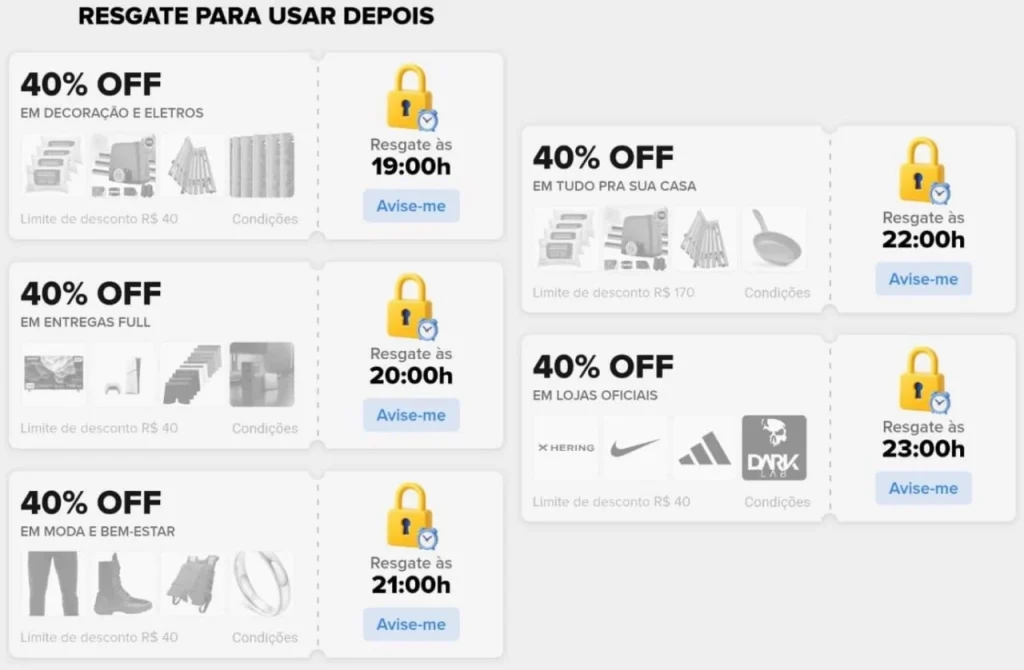 Cupons Mercado Livre 40% OFF - 19h - Decoração e Eletros; 20h - Entregas Full; 21h - Moda e Bem-estar; 22h - Produtos para Casal; 23h - Lojas Oficiais - Esquenta 8.8 - Resgate hoje e use amanhã 00h
