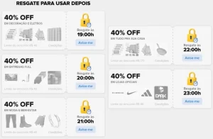 Cupons Mercado Livre 40% OFF – 19h – Decoração e Eletros; 20h – Entregas Full; 21h – Moda e Bem-estar; 22h – Produtos para Casal; 23h – Lojas Oficiais – Esquenta 8.8 – Resgate hoje e use amanhã 00h