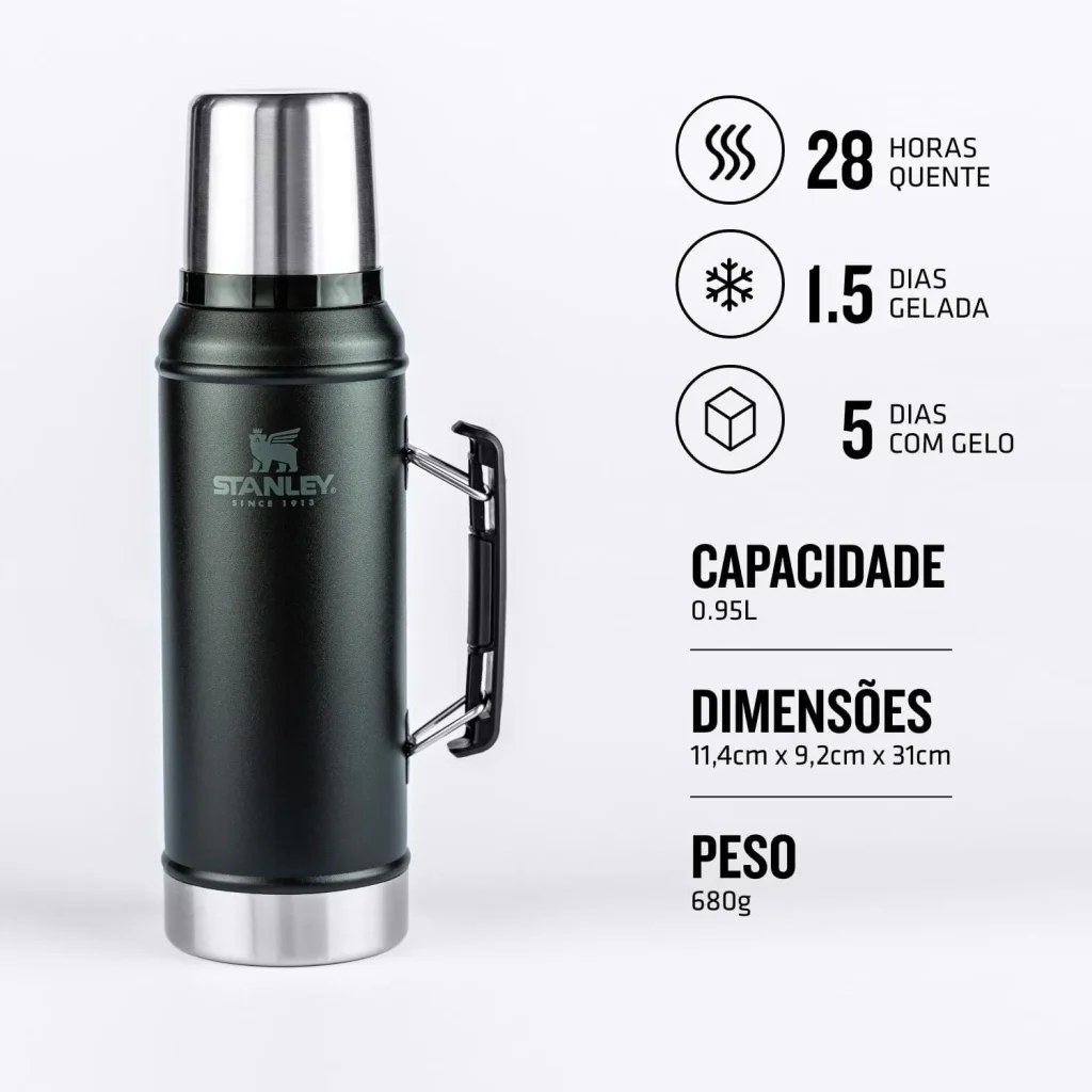 Garrafa térmica Stanley Classic, aço inoxidável 950 ml, 28h quente, 1,5 dias gelado, Matte Black