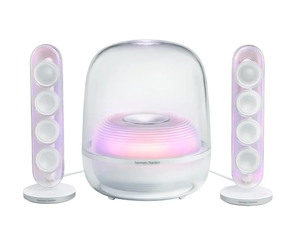 Caixa de Som Harman Kardon SoundSticks 5, Design Icônico e Transparente, Luzes Que Acompanham a Música Auracast, 2.1 canais, 190 W RMS, Subwoofer 5,25”, Bluetooth 5.4, HDMI ARC, Branca – HKSOUNDSTK5WBR