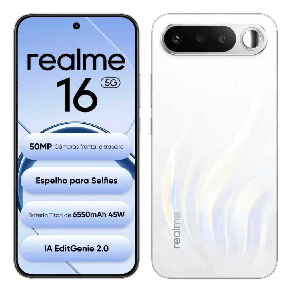 Smartphone Realme 16 5G 256GB 12GB RAM NFC Dual SIM Câmera De 50MP Sony LumaColor AI StyleMe + AI LightMe Dimensity 6400 Turbo 6,57" FHD+ 4200nit AMOLED 120Hz Fingerprint Screen Bateria 6550mAh 45W IP69 Pro Impermeável - RMX5171