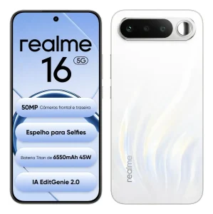 Smartphone Realme 16 5G 256GB 12GB RAM NFC Dual SIM Câmera De 50MP Sony LumaColor AI StyleMe + AI LightMe Dimensity 6400 Turbo 6,57″ FHD+ 4200nit AMOLED 120Hz Fingerprint Screen Bateria 6550mAh 45W IP69 Pro Impermeável – RMX5171