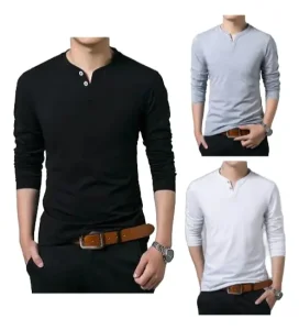 Kit 3 Camiseta Henley Masculina Slim 2 Botões Manga Longa