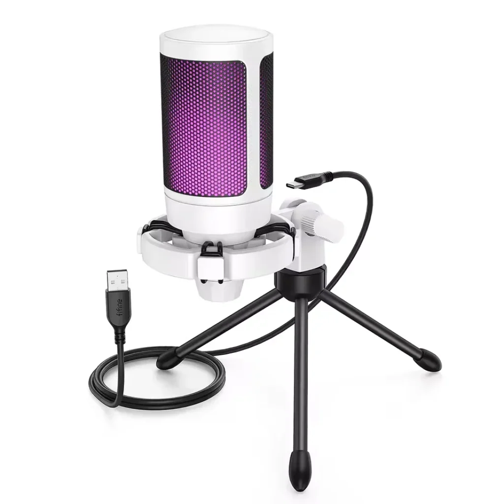 Microfone Gamer Condensador Fifine A2, USB, RGB, Branco