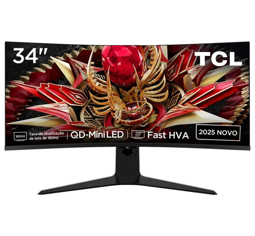 Monitor Gamer TCL 34" WQHD QD-Mini LED Curvo 180Hz 1ms Fast HVA Ultrawide Certificação HDR 1400, Som Duplo 6W - 34R83Q