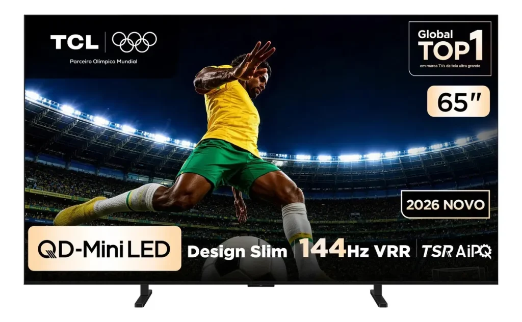 Smart TV TCL Premium 65″ 4K QD-Mini LED A400M, 144Hz (288Hz Gaming), Google TV, Canais grátis, HDR10+, Processador TSR AIPQ, Som Hi-Fi ONKYO, Dolby Vision e Atmos – 65A400M