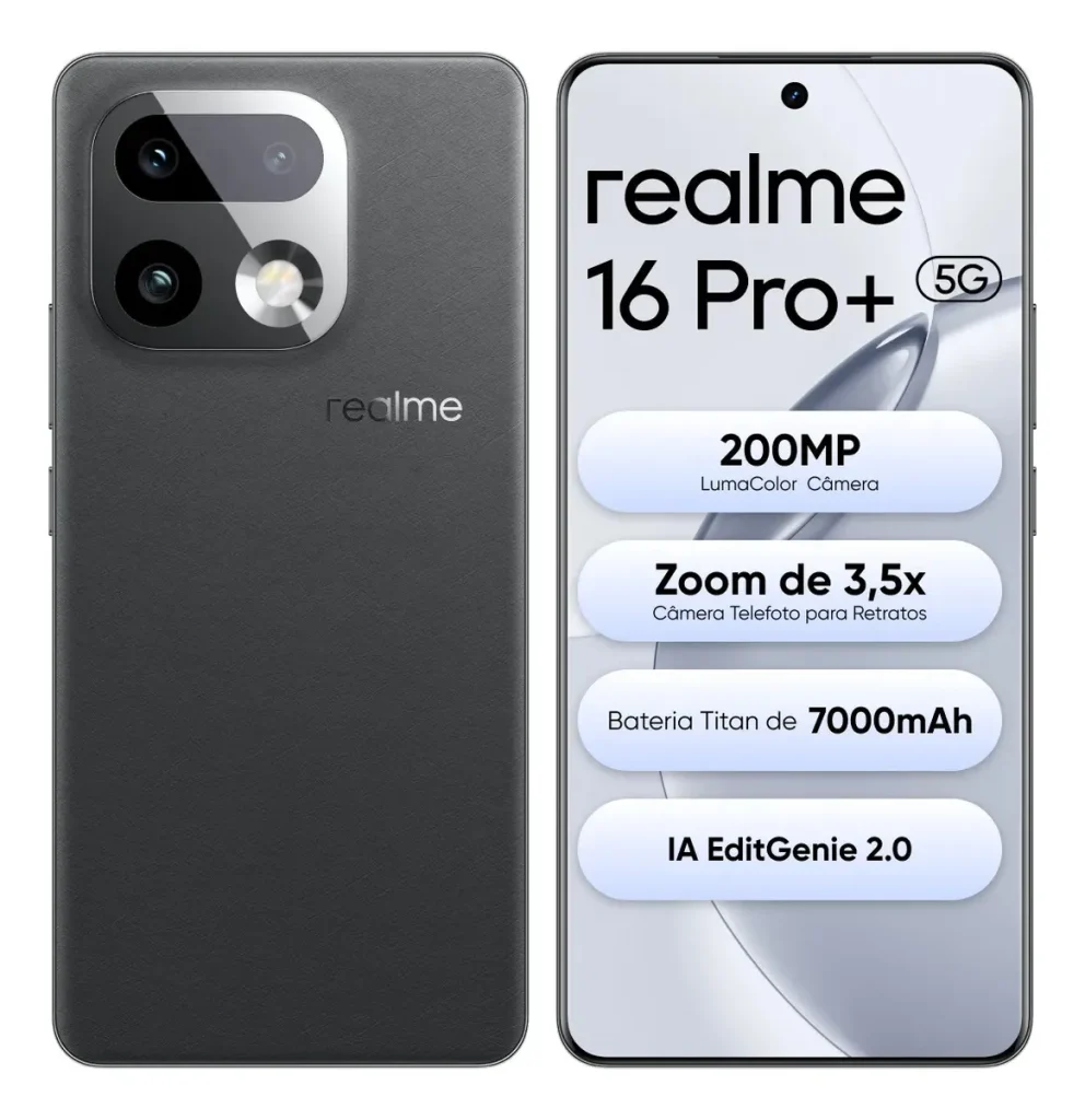 Smartphone Celular Realme 16 Pro+ 512gb 12gb Ram (+ 14 virtual ram boost) 5g Dual Sim, Câmera Lumacolor 200 Mp, SnapDragon 7 Gen4 Rocket, 7000mah, 80w, Ip69 Pro 144hz, Video 4k Fullfocal Hdr Preto