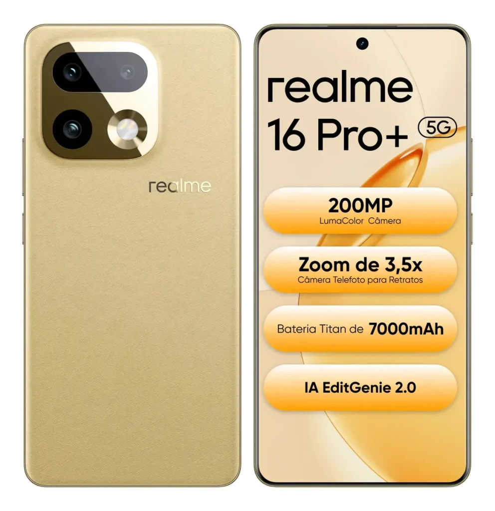 Smartphone Celular Realme 16 Pro+ 512gb 12gb Ram (+ 14 virtual ram boost) 5g Dual Sim, Câmera Lumacolor 200 Mp, SnapDragon 7 Gen4 Rocket, 7000mah, 80w, Ip69 Pro 144hz, Video 4k Fullfocal Hdr Dourado
