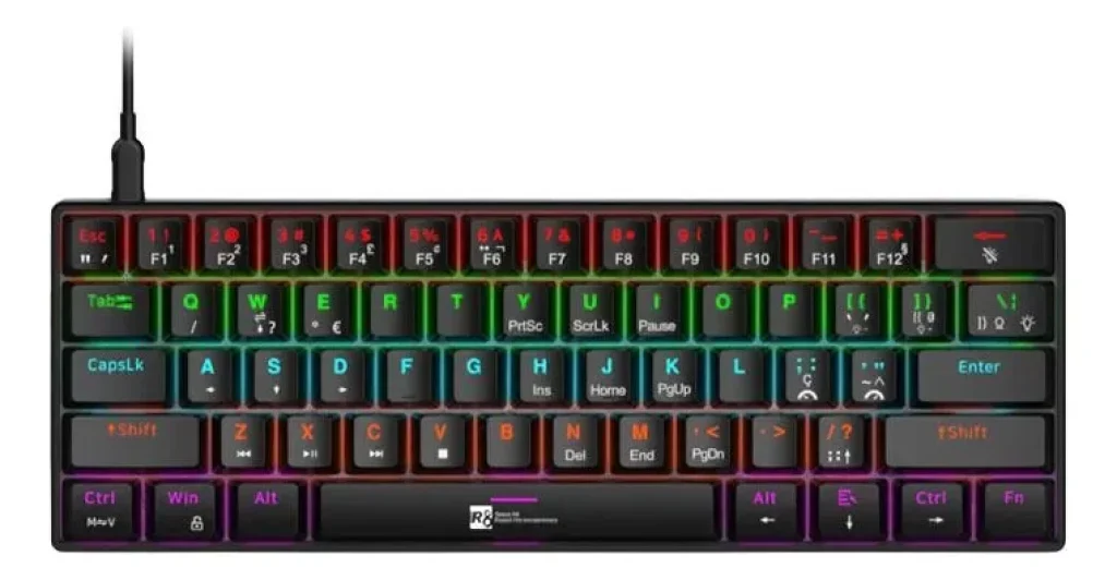 Teclado Mecanico R8 1037, RGB, ABNT2, Switch Azul, 61 Teclas, Preto