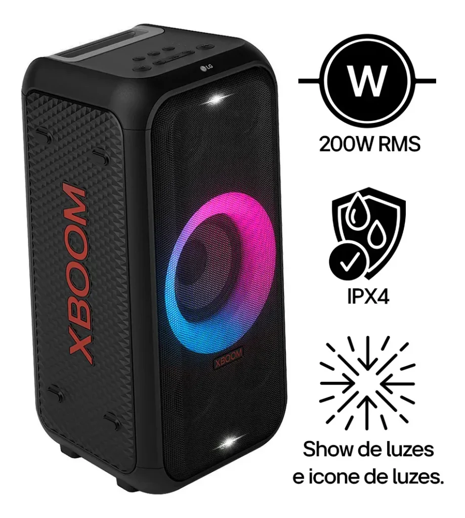 Caixa de som Bluetooth LG XBOOM 200W RMS, 12 horas de bateria, IPX4, Iluminação de Festa e Visor de Pixel LED - XL5T
