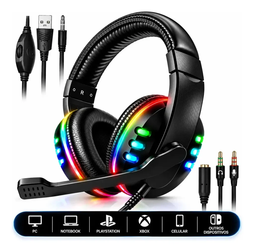 Headset Gamer RGB LED Com Microfone P2 P/ PC PS3 PS4 PS5 Xbox Celular Notebook Surround 5.1 Com Adaptador Landara