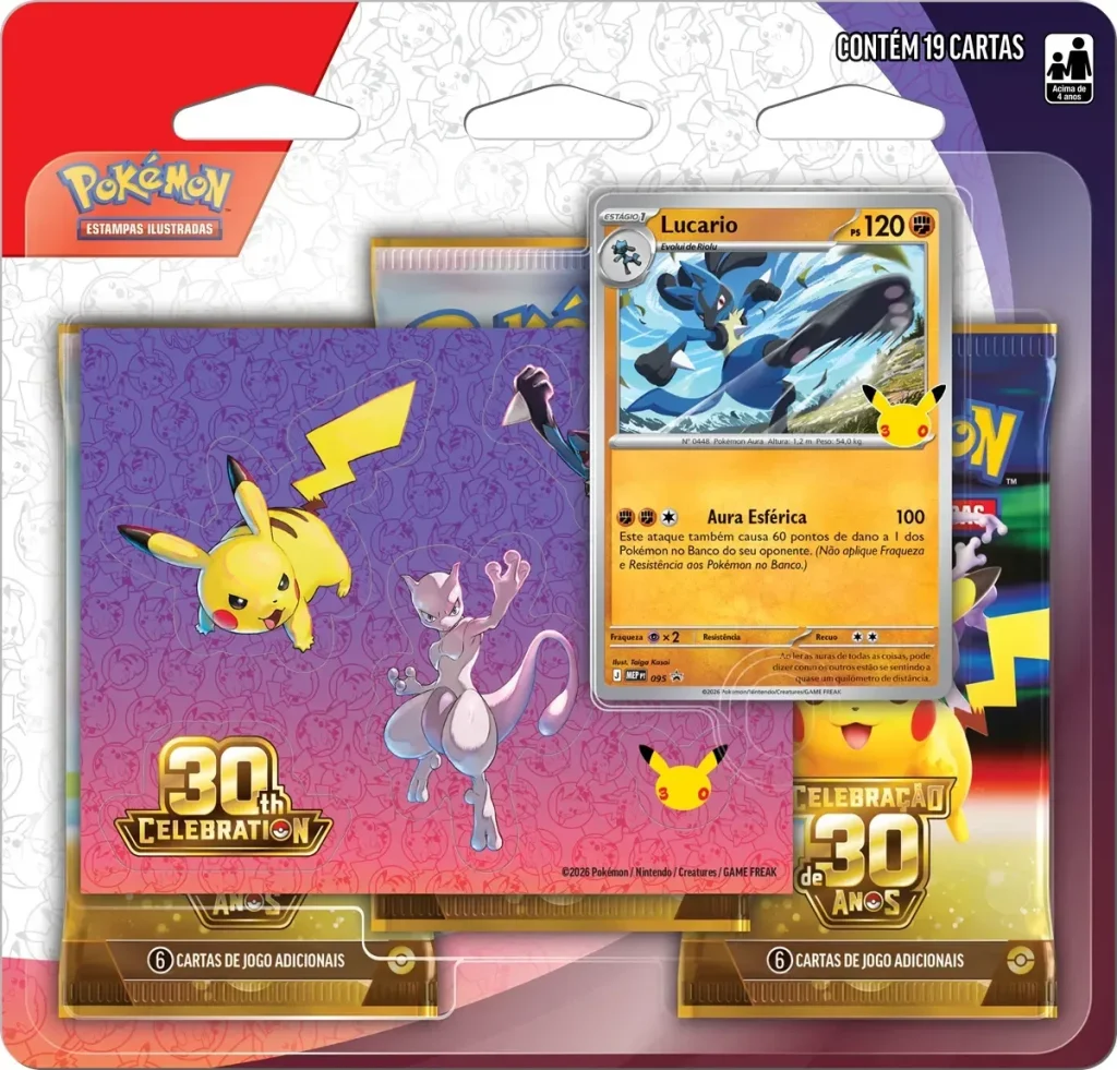 Pokémon Celebração de 30 anos – Blister Triplo com Adesivo Lucario – 18 cartões