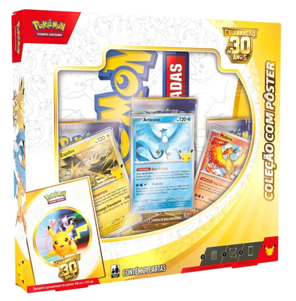 Pokémon TCG, Celebração de 30 anos – Box Pokémon Coleção com Pôster - 21 cartas