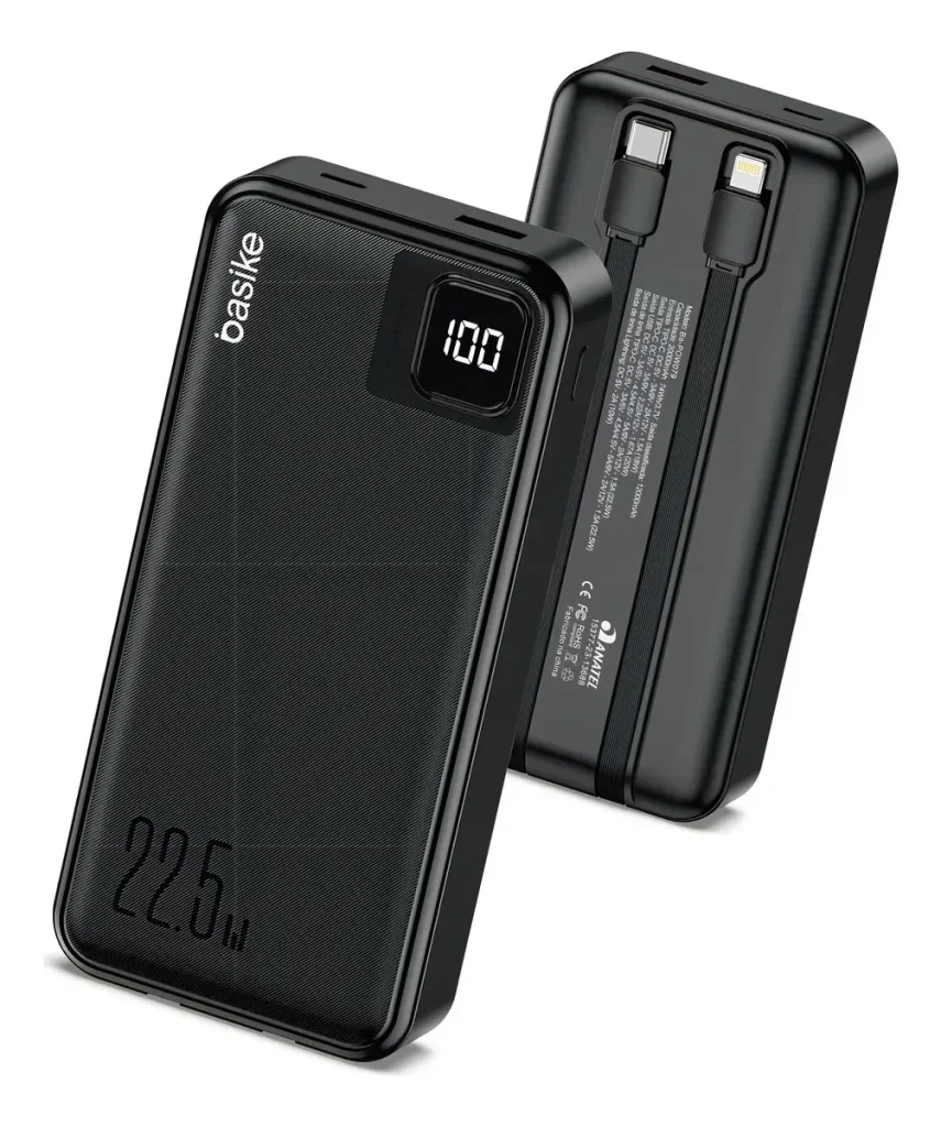 Power Bank Basike 20.000mAh Portátil, Carregamento Rápido 22.5W, com Cabos Embutidos e Display LED para iPhone e Samsung