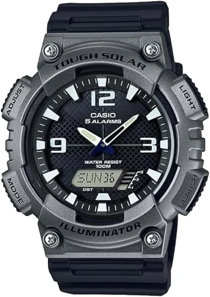 Relógio Casio Série AQS800W, Analógico-Digital, Resistente à água até 100 metros Energia solar, Cronômetro de 1/100 de segundo, Indicador do dia da semana em 6 idiomas, Temporizador de contagem regressiva, Luz LED, Alarmes múltiplos