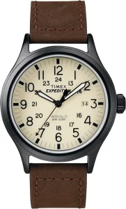 Relógio Masculino Timex Expedition Scout de 40 mm – Caixa Preta e Mostrador com Pulseira Deslizante de Couro Dark Brown/Natural