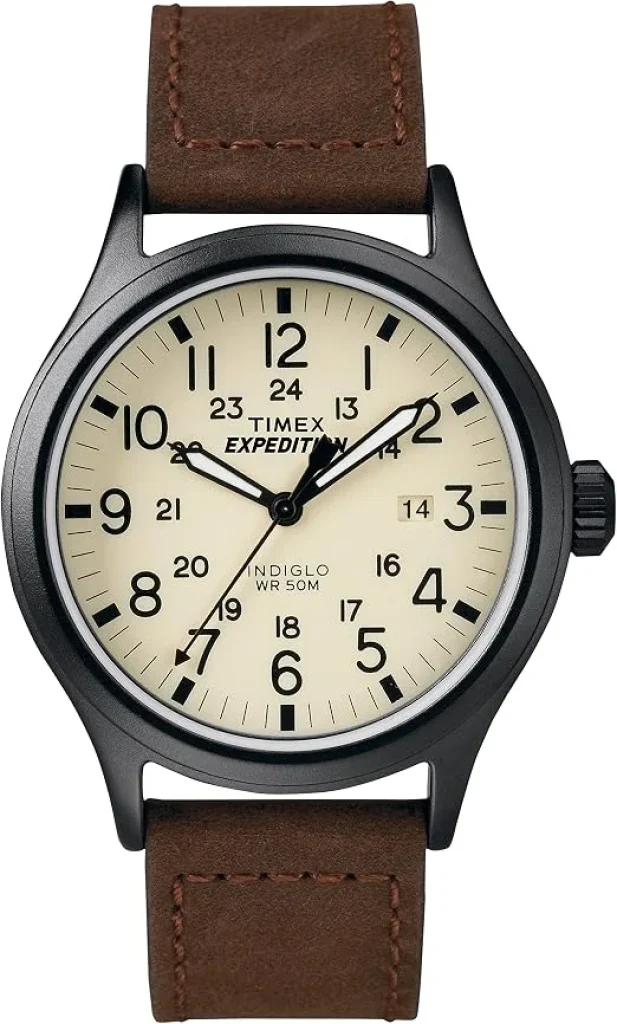 Relógio Masculino Timex Expedition Scout de 40 mm – Caixa Preta e Mostrador com Pulseira Deslizante de Couro Dark Brown/Natural