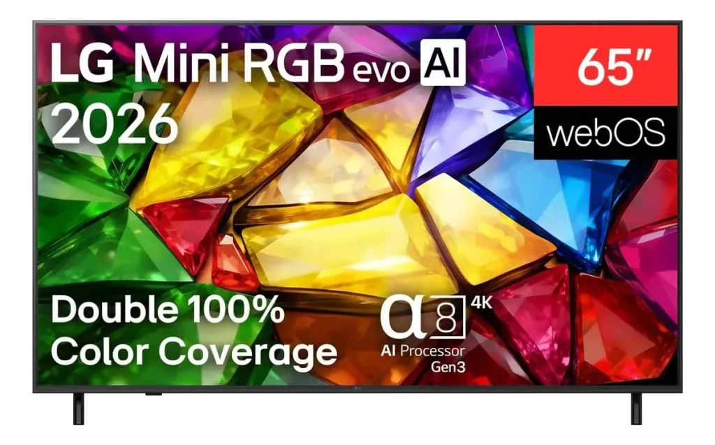 Smart TV LG 65" 4K Ultra HD Mini RGB 120Hz (2026) MRGB85 - Cobertura de cores completa, Precision Diming, AI Hub, Canais grátis, Processador Alpha 8 AI Ger3, WebOS 26, 100% DCI-P3 e Adobe RGB - 65MRGB85BSC