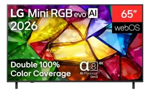 Smart TV LG 65″ 4K Ultra HD Mini RGB 120Hz (2026) MRGB85 – Cobertura de cores completa, Precision Diming, AI Hub, Canais grátis, Processador Alpha 8 AI Ger3, WebOS 26, 100% DCI-P3 e Adobe RGB – 65MRGB85BSC