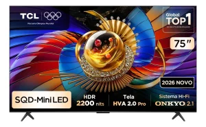 Smart TV TCL SQD-Mini LED 75” Q7D Pro 4K 144Hz, HDR 2200 nits, HVA 2.0 Pro Panel, Precise Dimming Zones, 100% Wide Color Gamut, Design Super Slim, Canais grátis, Processador AiPQ TSR, Dolby Vision • Atmos, Google TV, Som Onkyo Hi-Fi 2.1 – 75Q7D