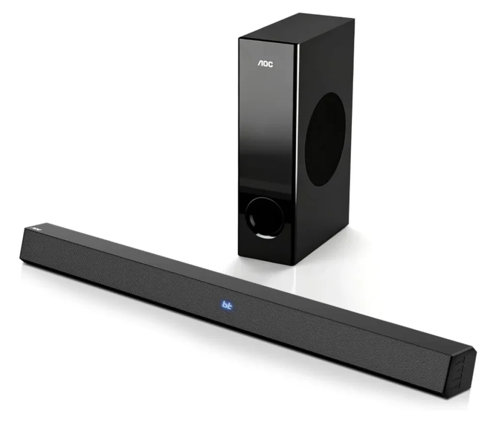 Soundbar AOC ACS3410, 2.1 Canais Home Theater - 3D Surround 360°, 85W, Subwoofer Incluso + Controle Remoto, Bluetooth+HDMI, Compatível com Diversos Dispositivos