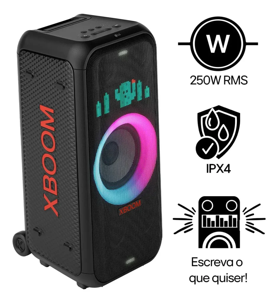 Caixa de Som LG XBOOM XL7T Bluetooth 5.1, 250W, Som Potente, LED Personalizável, Party Mode, Resistente à Água IPX4, Bateria Longa Duração e Design Compacto