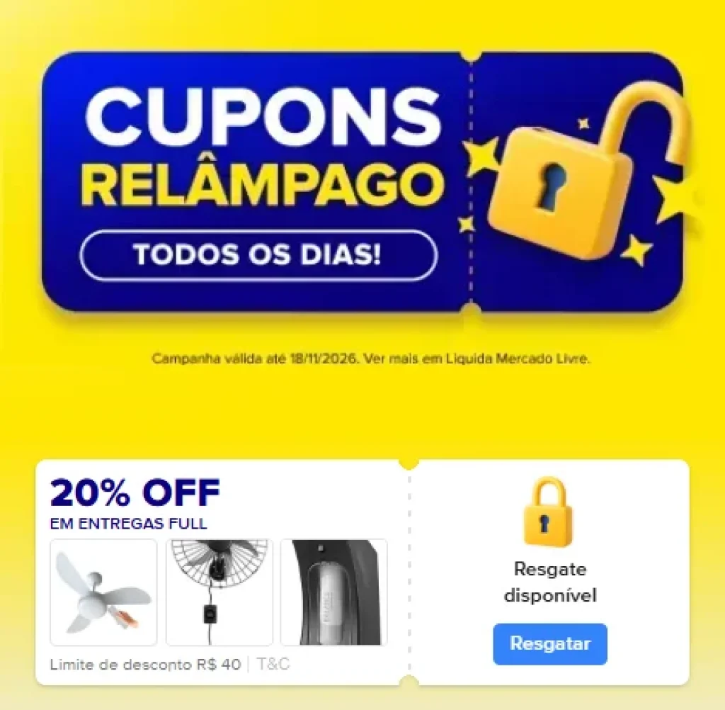 Cupom Mercado Livre 20% OFF em Entregas Full, Limitado a R$40 - Resgate hoje e use amanhã 00:00