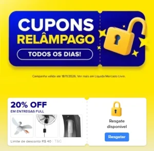Cupom Mercado Livre 20% OFF em Entregas Full, Limitado a R$40 – Resgate hoje e use amanhã 00:00