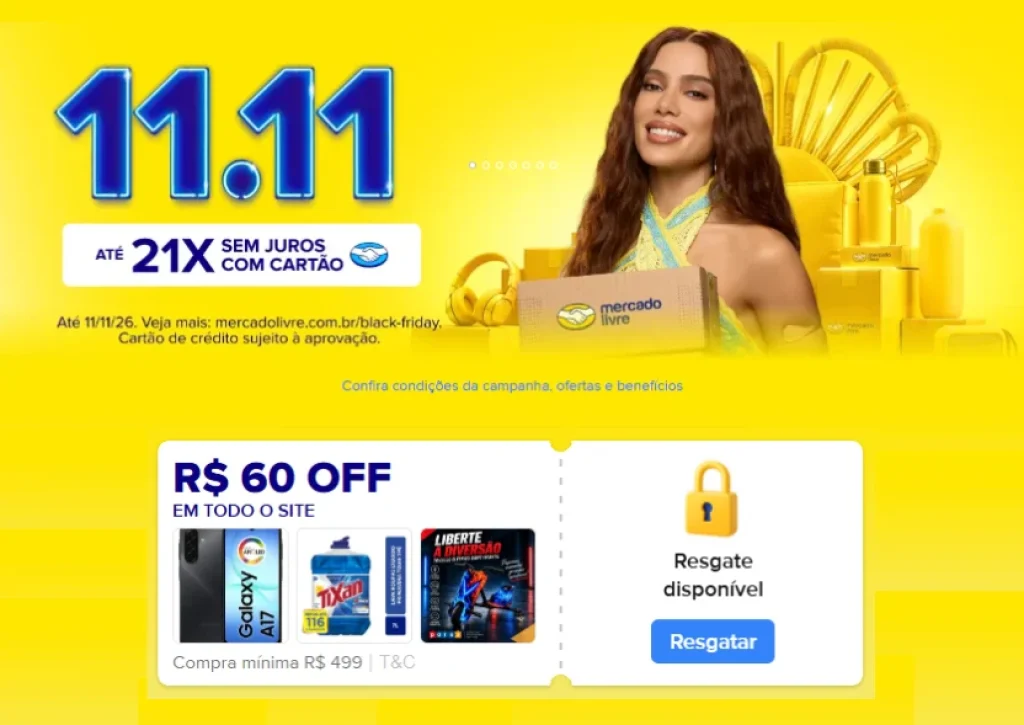 Cupom Mercado Livre R$60 OFF em Todo o site, Mínimo R$499 - Resgate hoje e use amanhã 00:00