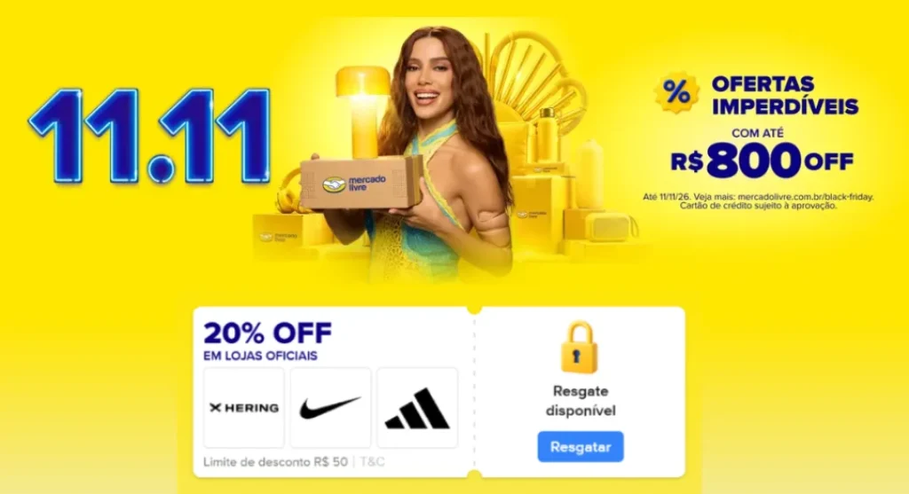 Cupom Mercado Livre 20% OFF em Lojas Oficiais, Limitado a R$50 - Resgate hoje e use amanhã 00:00