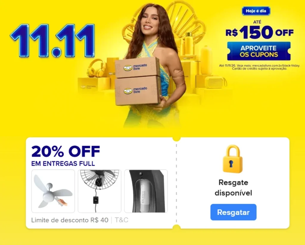 Cupom Mercado Livre 20% OFF em Lojas Oficiais, Limitado a R$40 - Resgate e use 00:00