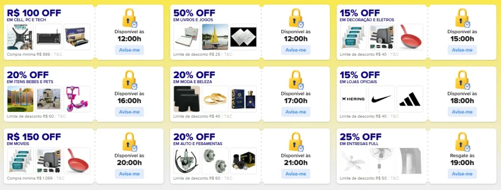 Cupons Mercado Livre 10.10 - Várias Categorias - Até 50% OFF - Resgate em horários definidos ao longo do dia