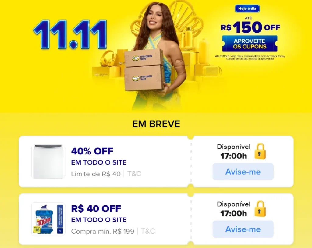 Cupons Mercado Livre 40% OFF Limitado a R$40, Mínimo R$79 e R$40 OFF em R$199