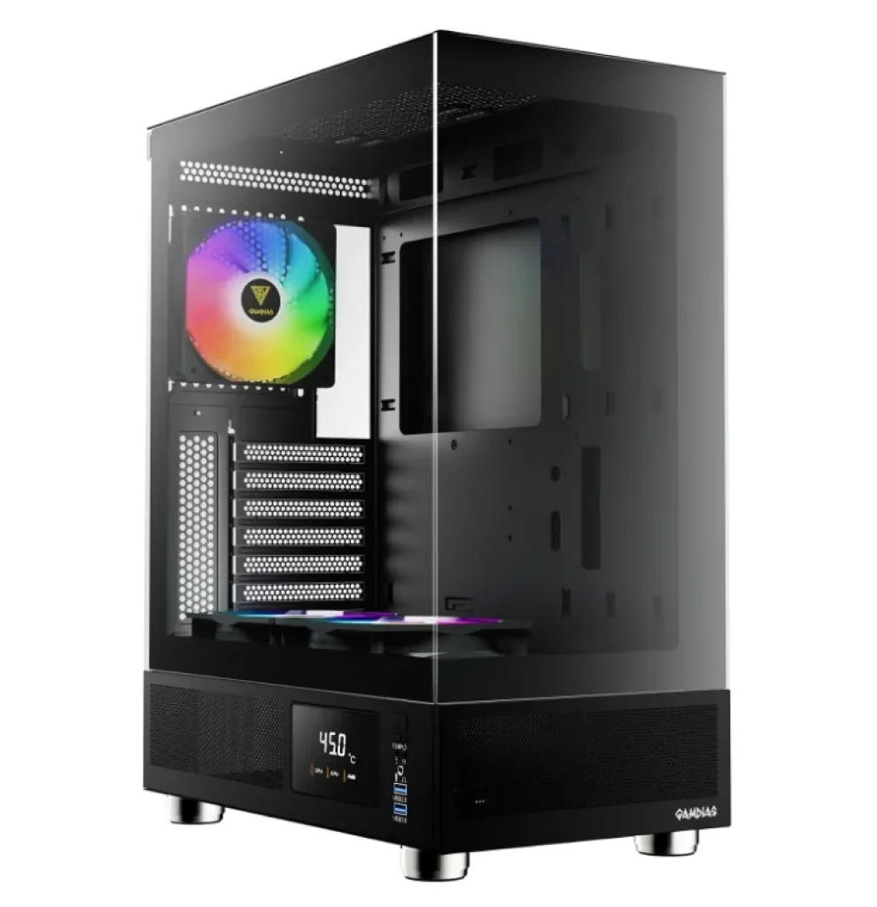 Gabinete Gamer Gamdias Atlas E1 Preto com 3 Fans 120mm ARGB - Display integrado para monitoramento de temperaturas dos componentes