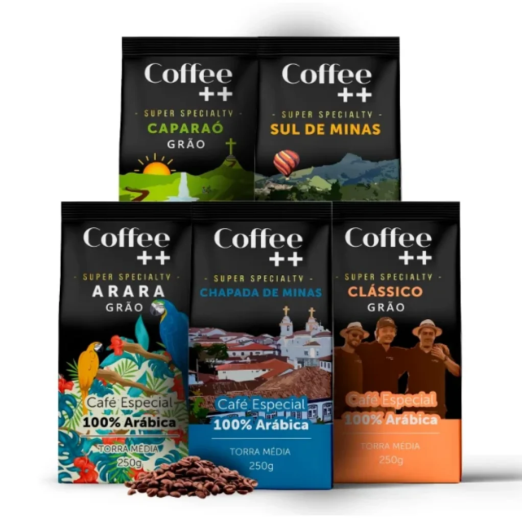 Kit 5 Pacotes Coffee++ Café Especial em Grãos Variedades: Arara, Sul de Minas, Caparaó, Chapada de Minas e Clássico - 100% Arábica (5x250g)
