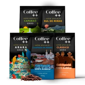 Kit 5 Pacotes Coffee++ Café Especial em Grãos Variedades: Arara, Sul de Minas, Caparaó, Chapada de Minas e Clássico – 100% Arábica (5x250g)