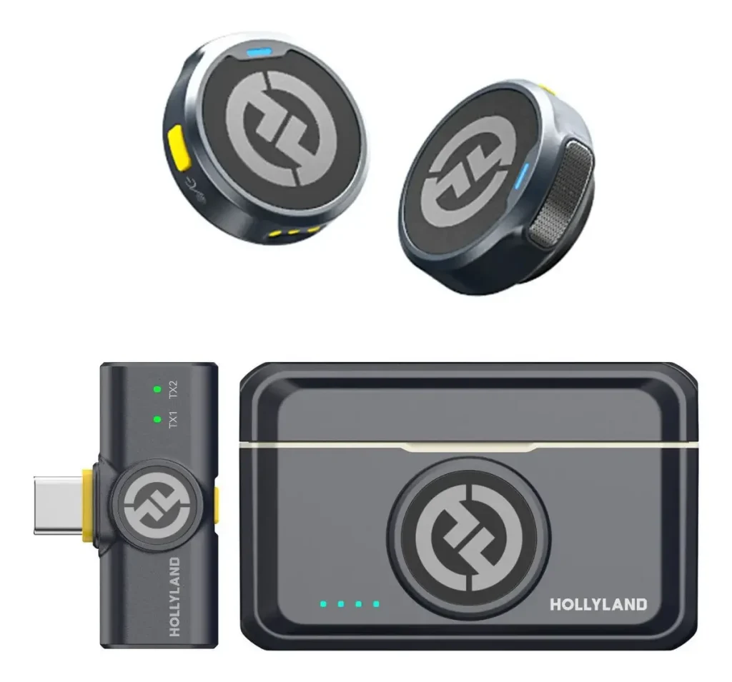 Microfone de Lapela Sem Fio, Hollyland Lark M2, (2TX+1RX+Estojo de Carregamento) Cancelamento de Ruído para Gravação e Transmissão, Mini Microfone 48kHz/24bit, Compatível com iPhone/Camera/Android/PC