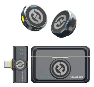 Microfone de Lapela Sem Fio, Hollyland Lark M2, (2TX+1RX+Estojo de Carregamento) Cancelamento de Ruído para Gravação e Transmissão, Mini Microfone 48kHz/24bit, Compatível com iPhone/Camera/Android/PC