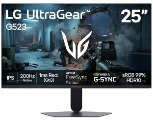 Monitor Gamer LG UltraGear -Tela IPS de 25”, FHD, 200Hz, 1ms (GtG), NVIDIA G-SYNC e AMD FreeSync Premium, HDR10, sRGB 99%, Preto – 25G523B
