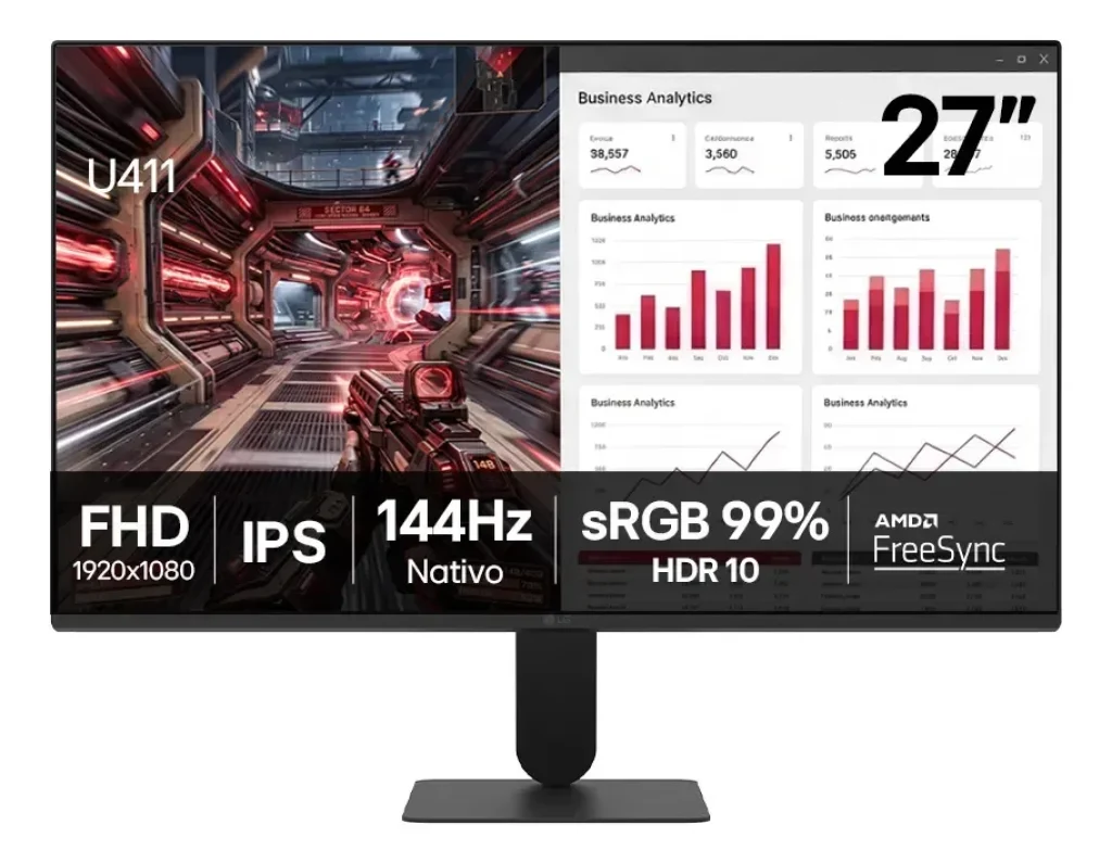 Monitor LG 27", FHD, IPS, 144Hz Nativo, 1ms (MBR), NVIDIA G-SYNC, AMD FreeSync, HDR10, 99% sRGB - 27U411B-B