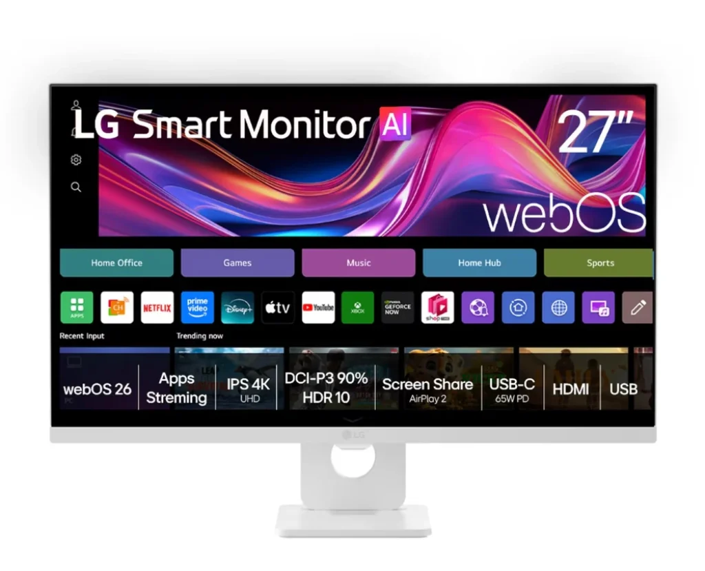 Monitor LG Smart AI U731, 27” 4K UHD, WebOS 26, Canais grátis, AirPlay 2, Screen Share, ThinQ, Bluetooth, Wi-Fi,DCI-P3 90%, HDR10, USB-C (65W PD), HDMI, USB, Alto-Falante integrado - 27U731SB-W
