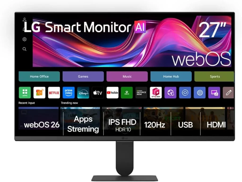 Monitor LG Smart, Tela IPS de 27”, FHD, WebOS 26, HDR10, ThinQ, Wi-fi, AirPlay, Bluetooth, 5ms (GtG), 120Hz, 2X USB, 2X HDMI, Preto- 27U511SB