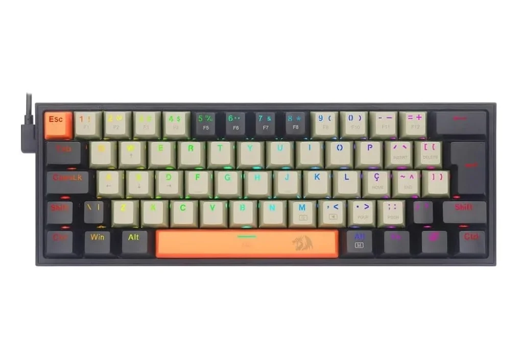 Teclado Mecânico Gamer Redragon Fizz 60% RGB Switch Marrom ABNT2 Laranja Cinza Preto K617RGB-OG GY BK (PT-BROWN)